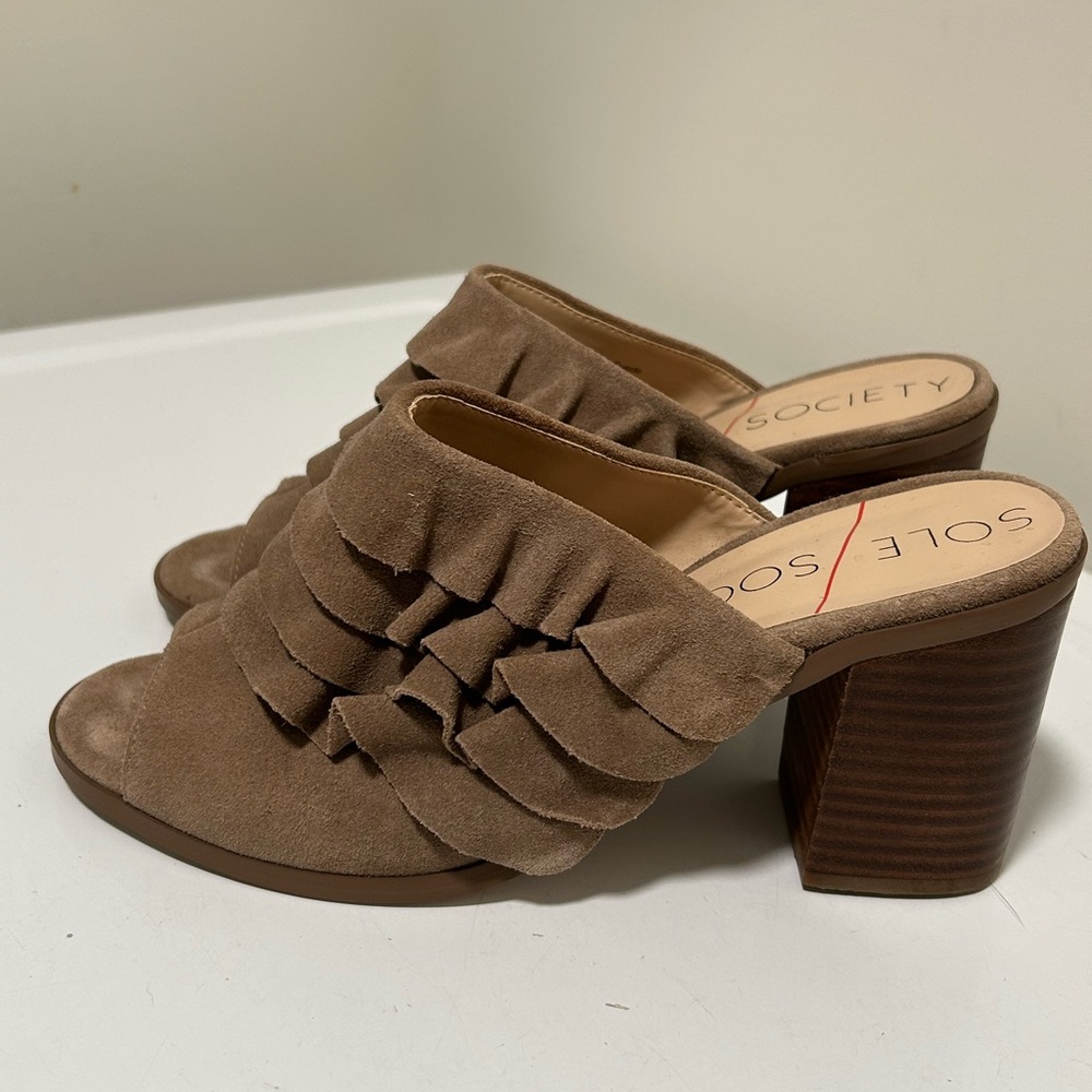 Sole Society Suede Block Heel Mules Tan Size 8